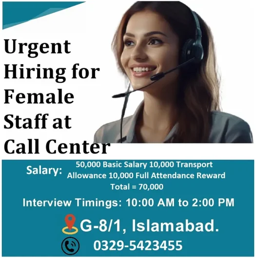 Urgent Hiring for Female Staff at Urdu Call Center G-8, Islamabad