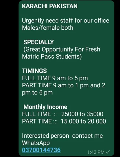 we need male and female staff for office work Korangi, Karachi