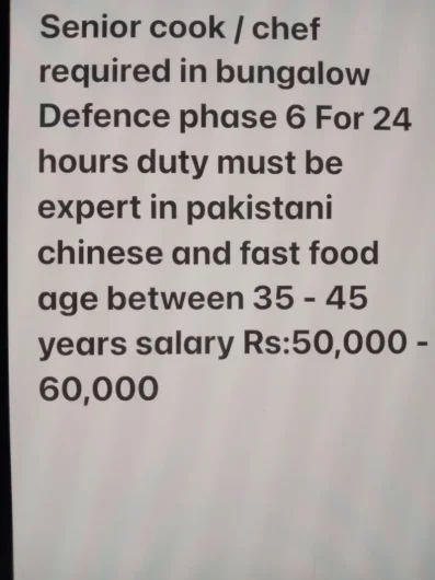 Need a cook for small family DHA Defence, Karachi