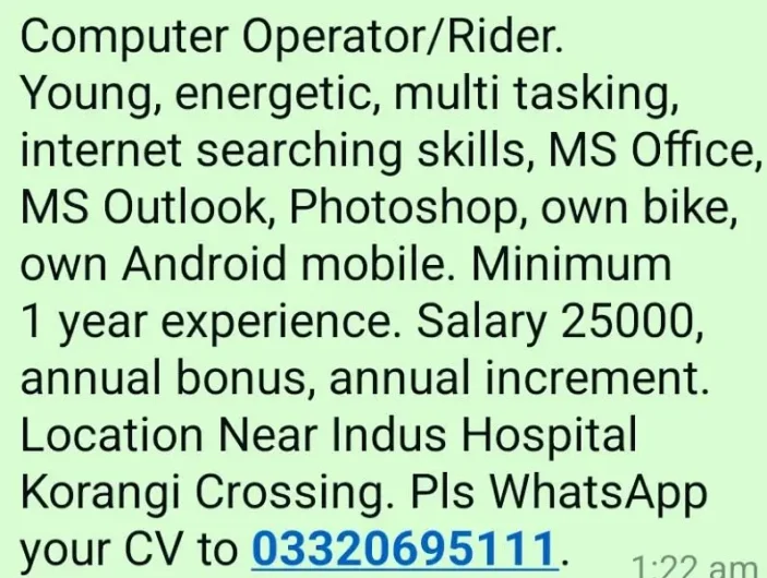 Computer Operator / Rider Lucknow Society, Karachi