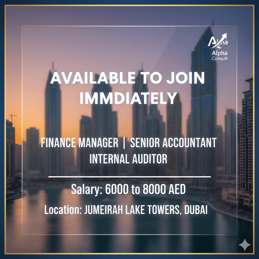Available to join immediately Finance Manager | Senior Accountant | Internal auditor